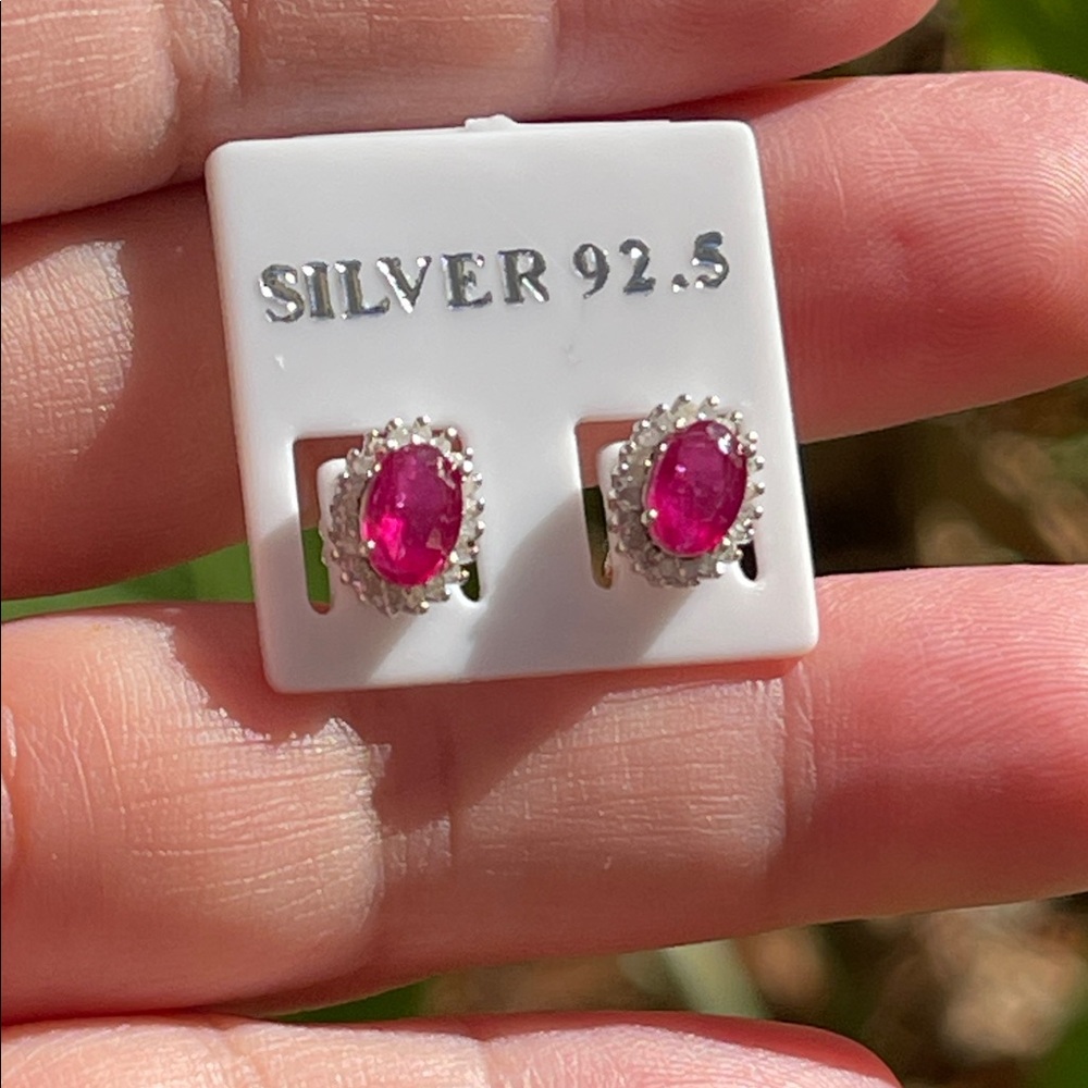 925 Silver Natural Ruby & Diamond Earrings